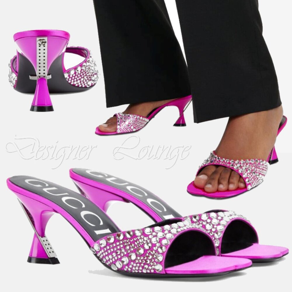 NEW GUCCI Galactica Crystal Embellished Pink Slide Sandals Heels Size EU 37 US 7
